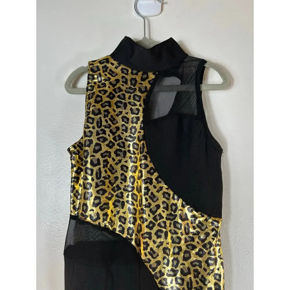 A WISH COME TRUE Girl’s Black/Gold Cheetah Print Dance Leotard / Size: MC Medium